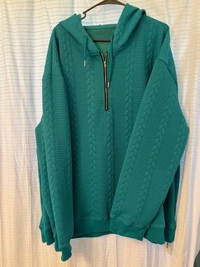 Teal Cable-Knit Half-Zip Hoodie Sweater